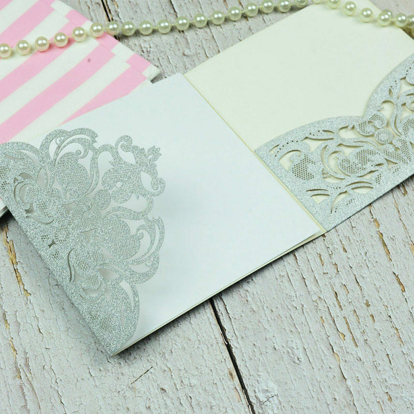 10pcs Laser Cut Wedding Invitations Pearl Card Pocket Envelope Invites 25 Style