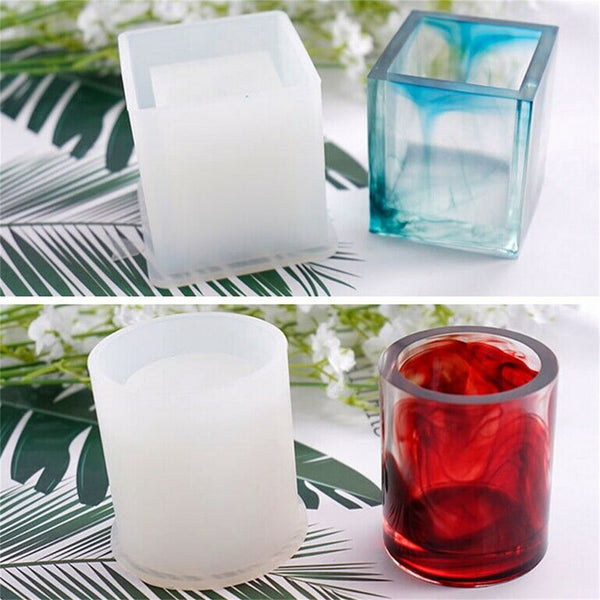 2PCS Silicone Resin Mould Set Round & Square Pen Holder Brush Pot Flower Pot Mold