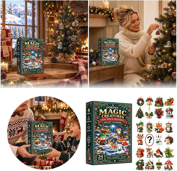 Forest Magic Creatures advent calendar on a mantel and a woman hanging brick ornaments on a tree
