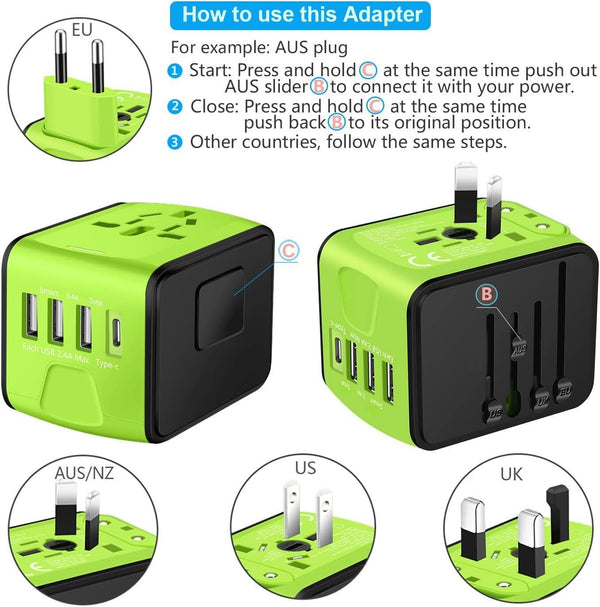 FAST 3.4 / 5A Universal Travel Adapter 3 USB &Type-C Outlet Converter Plug Power