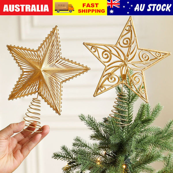 Christmas tree topper star in gold, layered and filigree styles shown on a tree