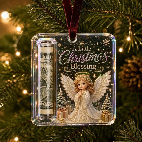 Angel cash holder ornament with a rolled note hanging on a Christmas tree