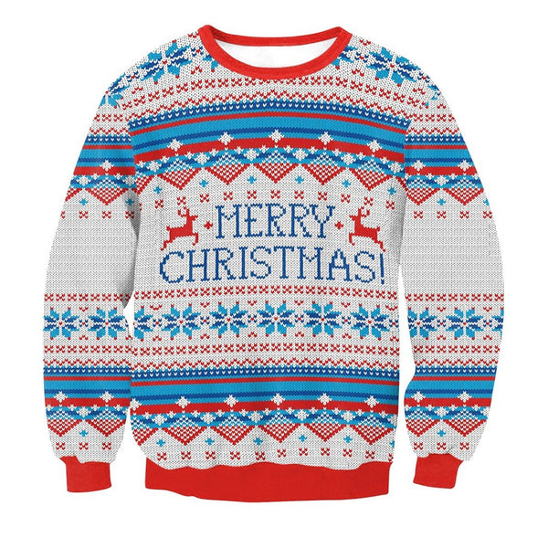 Blue and white Merry Christmas print jumper, flat view