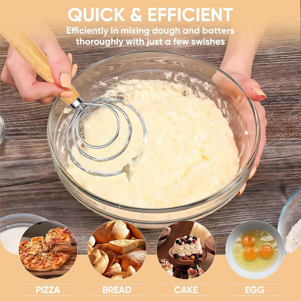 4pcs Stainless Steel Danish Dough Whisk | Wooden Handle Bread & Sourdough Mixer