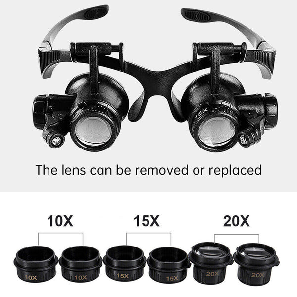 HD plastic magnifying lens double glasses with light for jewelry clock repair