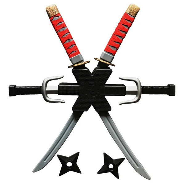 Ninja weapons set size chart showing katana, sai and shuriken measurements in cm