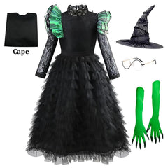 Wicked Elphaba Costume Kids Girls Witch Dress Cape Hat Wig Book Week Fancy Dress