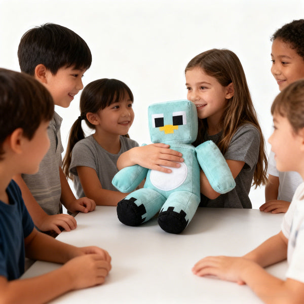Kids playing with a blue bird plush at a table