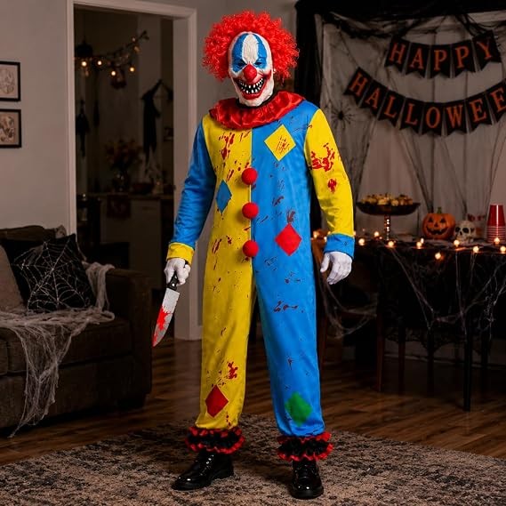 Adult wearing scary clown Halloween costume