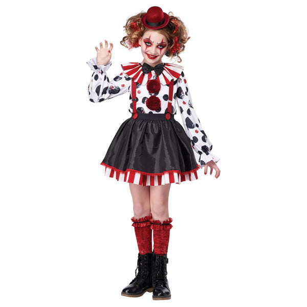 Adult wearing creepy clown outfit for Halloween