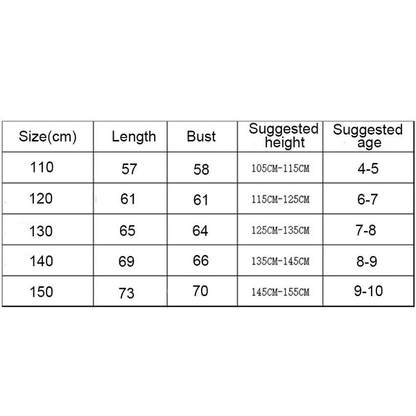 SpongeBob costume dress size chart for sizes 110 to 150 by height and age