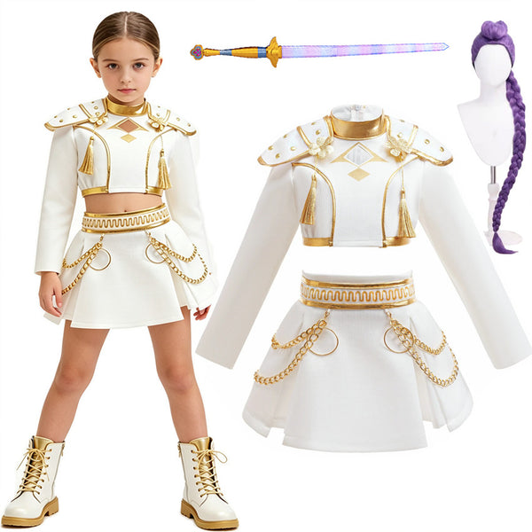 KPop Demon Hunters Rumi costume for kids with wig and sword options - girl wearing Huntrix stage outfit - Lets Party