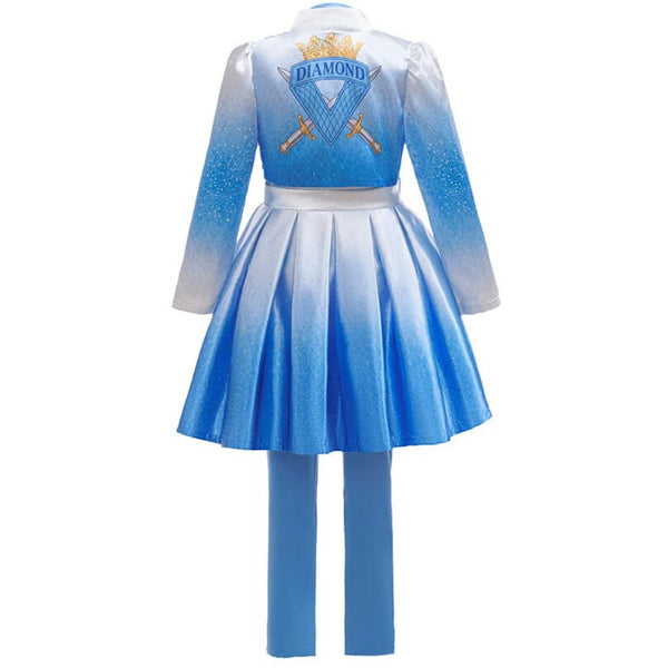 Back view of Descendants Chloe Charming jacket with diamond crest and swords