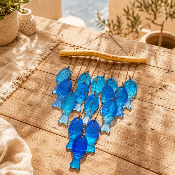 Blue Glass Fish Wind Chime Suncatcher Hanging Garden Patio Outdoor Decor 57CM