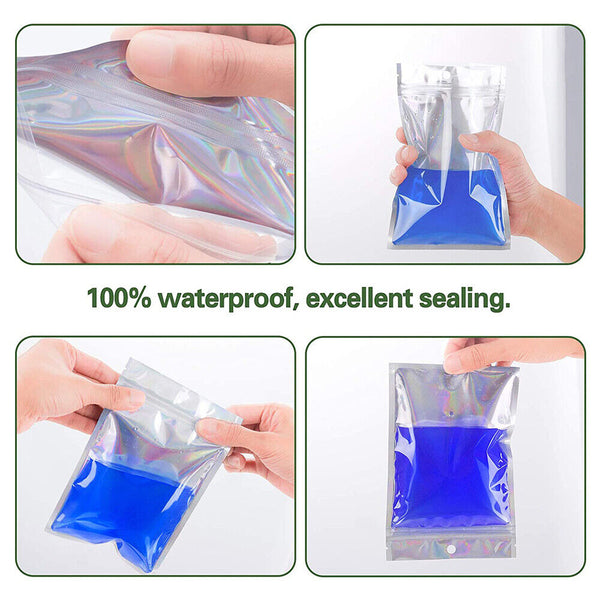 100PCS Foil Packaging Bags Zipper Seal Storage Pouch Holographic Rainbow Colour