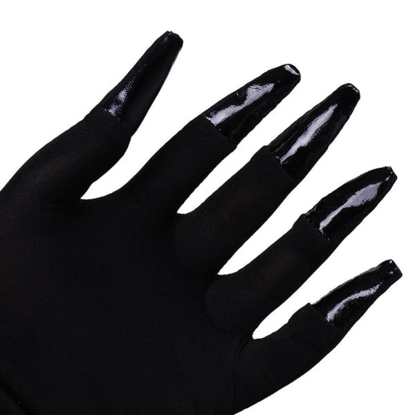 Close up of black Venom costume clawed gloves