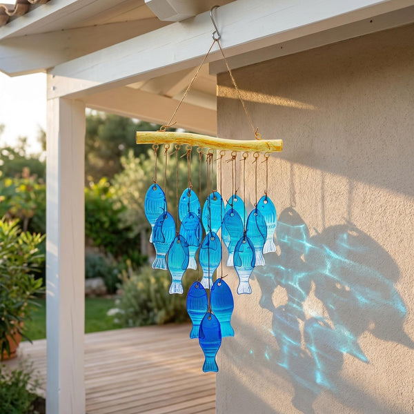 Blue Glass Fish Wind Chime Suncatcher Hanging Garden Patio Outdoor Decor 57CM