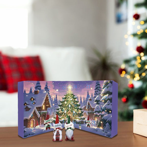 Purple village gnome advent calendar displayed on a table in a festive living room