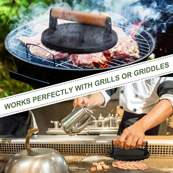 Cast Iron Burger Press with Wooden Handle | BBQ Grill Meat Smasher Patty Maker