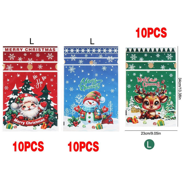 Large 23 x 34 cm Christmas gift bags: 10 Santa, 10 snowman and 10 reindeer