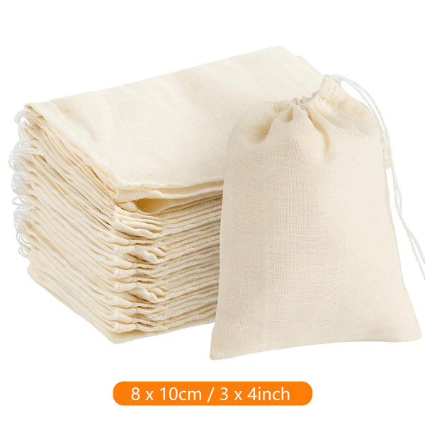 40PCS Reusable Cotton Muslin Filter Bags Spices Herbs Tea Soup Drawstring 3 Size