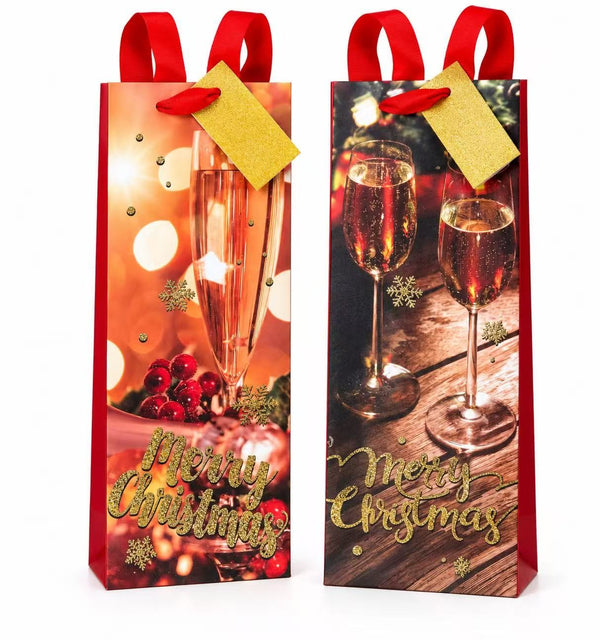 Christmas wine gift bags with champagne glass designs on a white background
