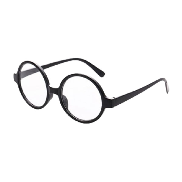 Round black costume glasses shown for styling