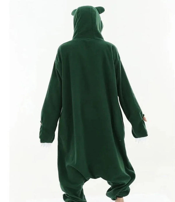 Back view of the green kigurumi onesie with eared hood