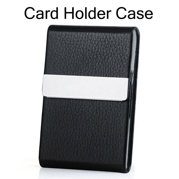 Business Card Holder Case Cover Black Leather Silver Metal Credit Card Magnetic