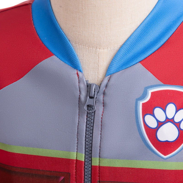 Close up of Paw Patrol Ryder jacket collar zip and paw badge