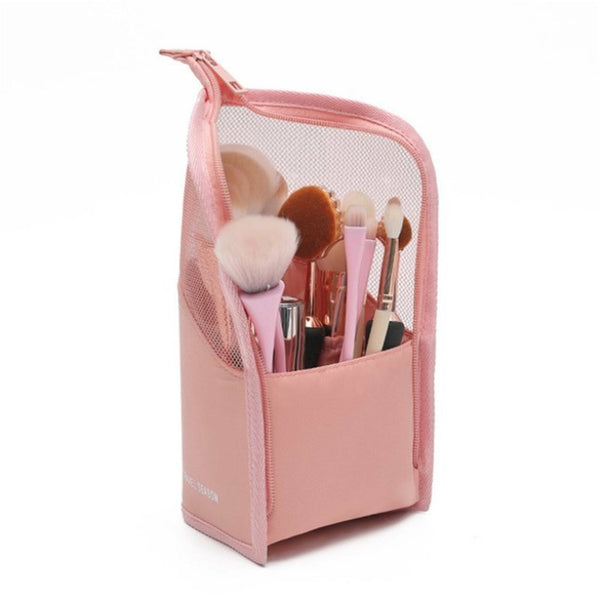 Stand Cosmetic Bag Travel Zipper Makeup Brush Mesh Visible Organizer Pouch