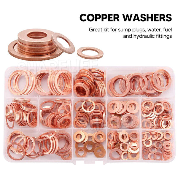 280PCS 12 Sizes Solid Copper Washers Sump Plug Seal Set Assorted Kit with Box AU