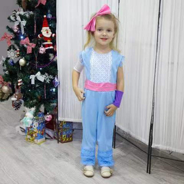 Young girl in Bo Peep Toy Story costume light blue jumpsuit