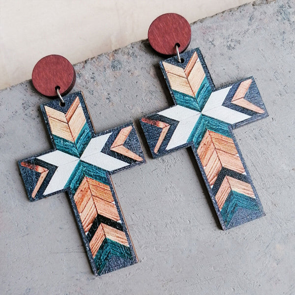 Vintage Cross Pattern Patchwork Earrings Colorful Boho Jewelry for Women Gift