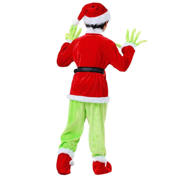 Back view of the kids Christmas costume with belt and green pants