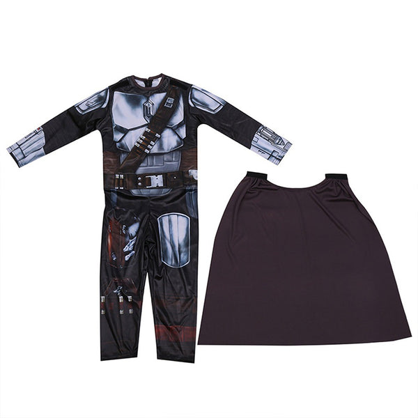 Mandalorian costume bodysuit and cape flat lay – Star Wars kids