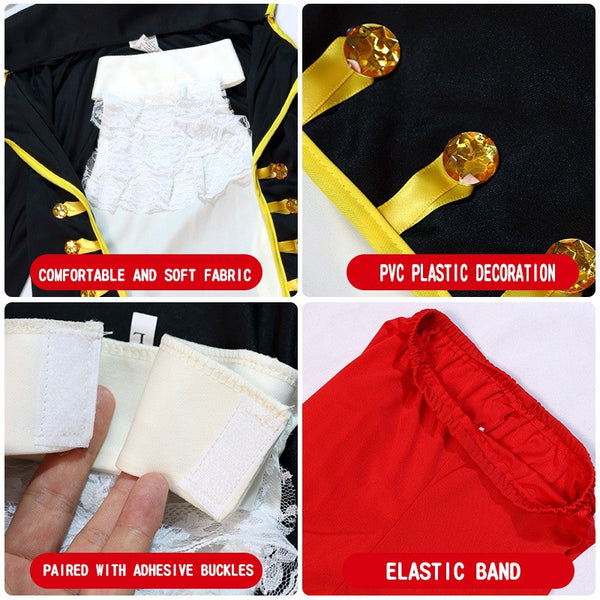 Pirate costume fabric and feature details with elastic-waist red pants
