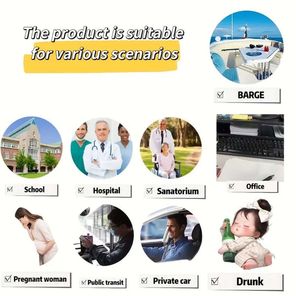 Places to use sick bags: school, hospital, office, boat, car and public transport