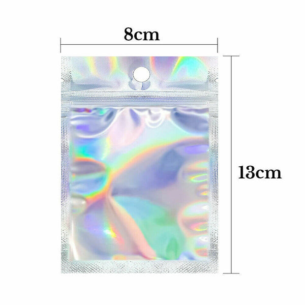 100PCS Rainbow Colour Holographic Storage Pouches Zipper Seal Foil Packaging Bag