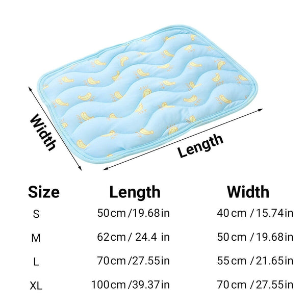 Pet cooling mat size chart: S, M, L and XL