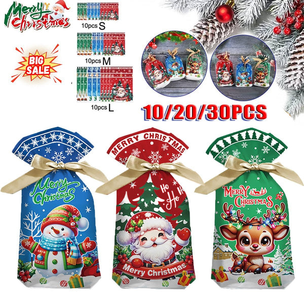Santa, snowman and reindeer Christmas gift bags with the flat bags in S, M and L