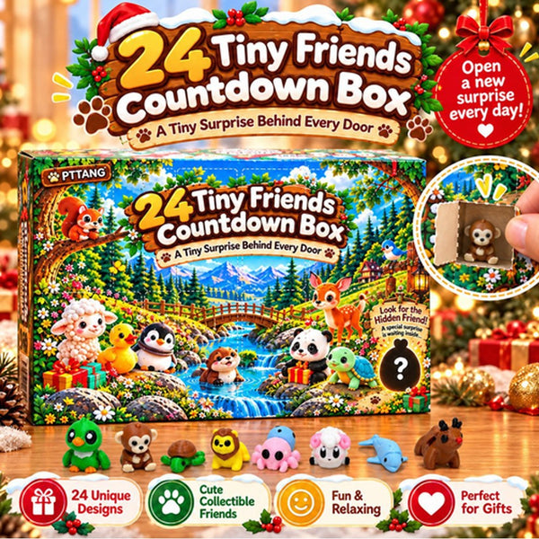 3D printed animal fidget toys lined up in front of the 24 door Christmas countdown box