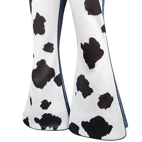 Cow-print flare pant detail on kids Jessie cowgirl costume - Lets Party