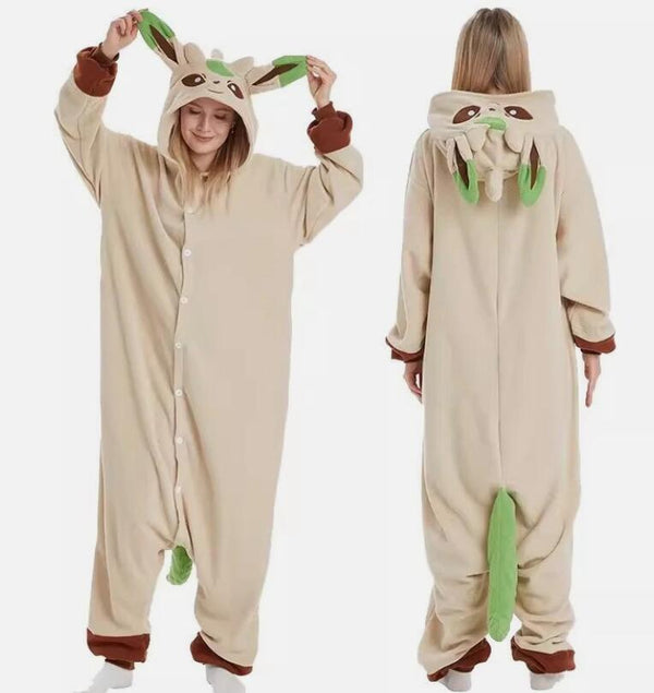 Beige Leaf Fox kigurumi onesie, front and back view