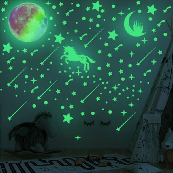 Glow In The Dark Rainbow Moon Stars Unicorn Wall Sticker Kids Room Fun Decor