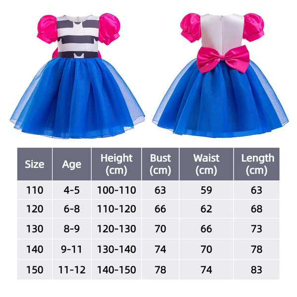Gabby Dollhouse costume dress front and back - striped top, blue skirt, pink bow - Lets Party