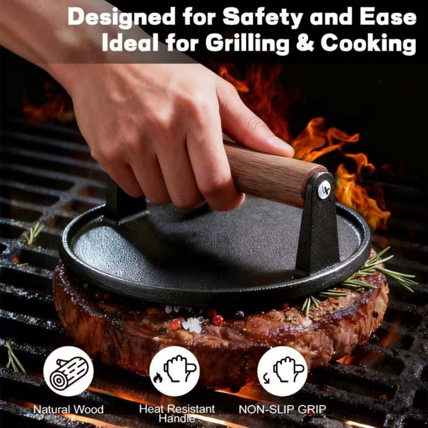 Cast Iron Burger Press with Wooden Handle | BBQ Grill Meat Smasher Patty Maker