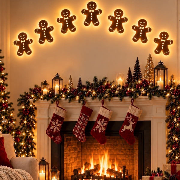 Glowing wooden gingerbread man wall decorations above a fireplace mantel