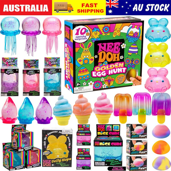 Squishy toys collection: squishy cubes, jellyfish, bunnies, ice blocks, ice cream cones, teardrops and egg hunt box