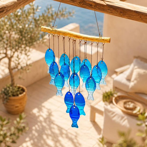 Blue Glass Fish Wind Chime Suncatcher Hanging Garden Patio Outdoor Decor 57CM